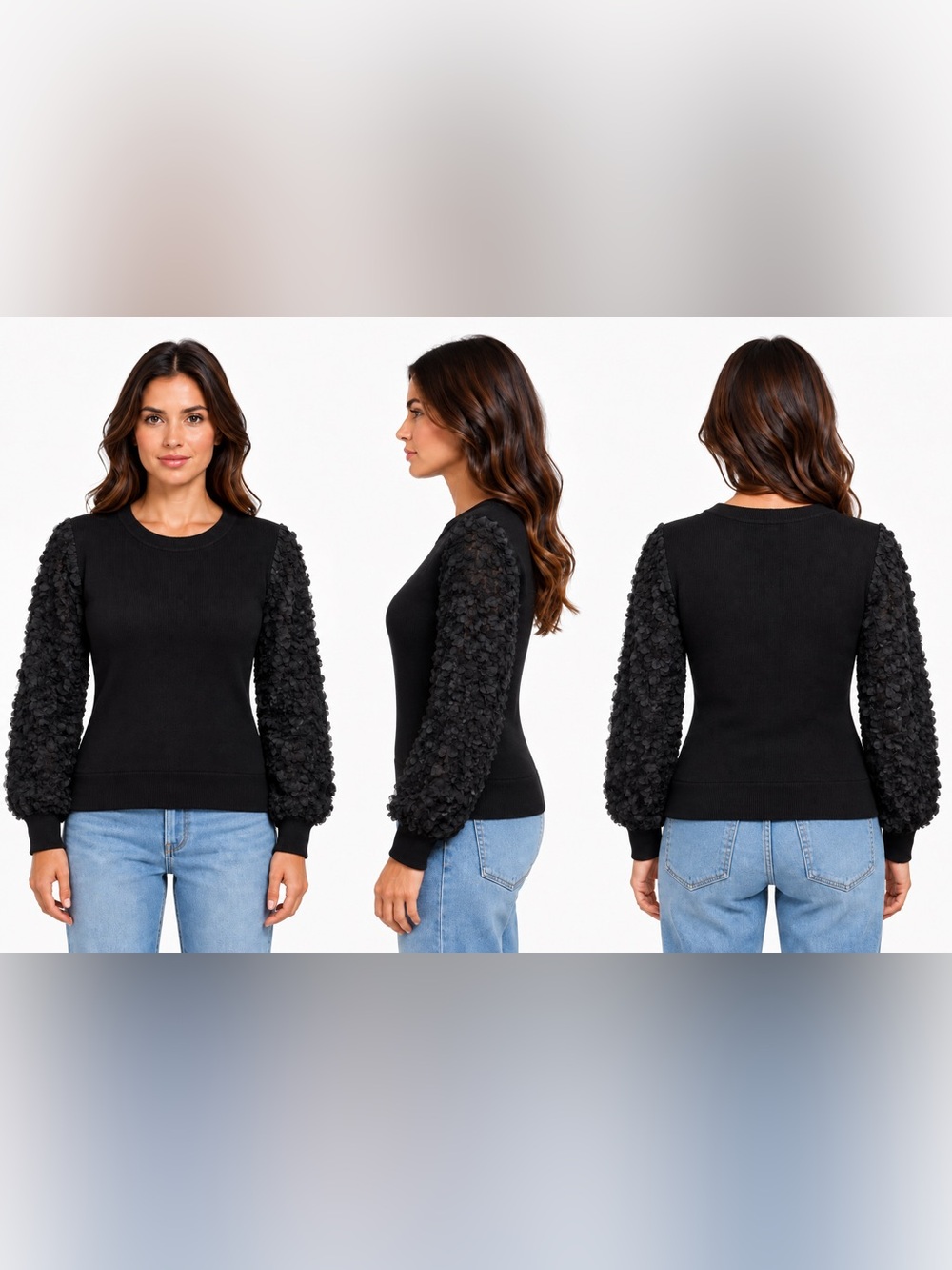 Anthropologie Black Textured Puff Sleeve Sweater Size Large Statement Sleeve